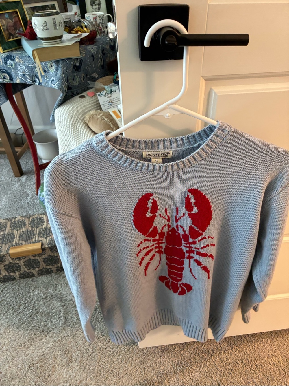Mighty Fine Light Blue Crewneck Sweater with Red Lobster Motif
